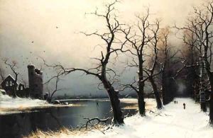 Figures on a snow covered track in a wooded river landscape by Nils Hans Christiansen
