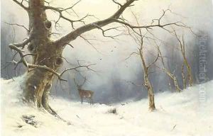 A stag in a winter landscape by Nils Hans Christiansen