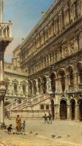 La Cour Interieure Du Palais Des Doges, Venise
 Huile Sur Panneau, Signee En Bas A Gauche