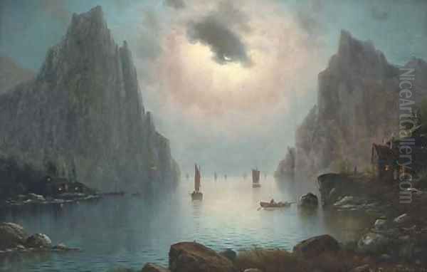Vessels on a fjord by moonlight - view 1