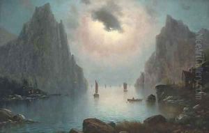 Vessels on a fjord by moonlight