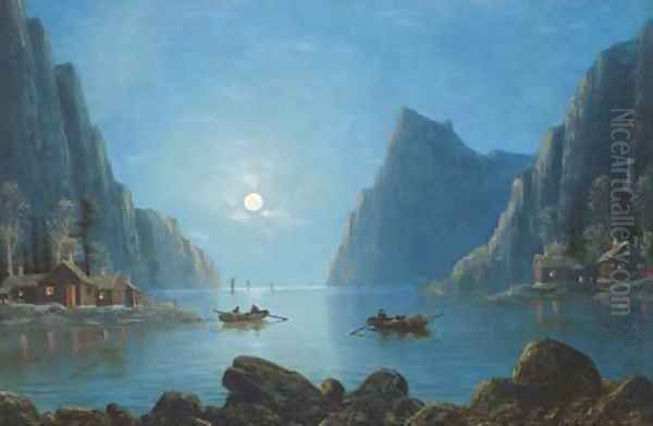 Rowing on a fjord at dusk - view 1