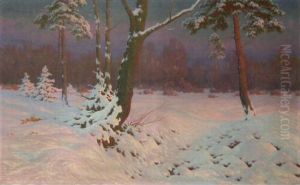 Arbres Sous La Neige : Effet De Soleilcouchant by Jan Grubinski