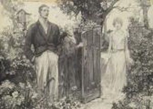 Three Figures Standing By Garden Gate. Three Figures Standing By Garden Gate.