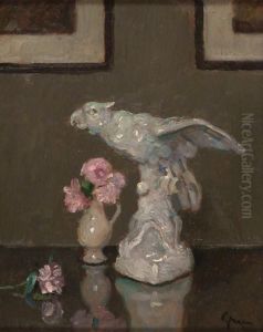 Naturaleza Muerta Con Loro Y Vaso Con Flores by Jules-Alexandre Grun