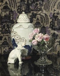 Still Life With Porcelain Elephant And Roses In A Glass Bowl by Jules-Alexandre Grun
