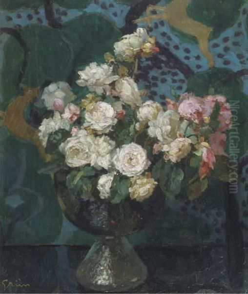 A Still Life With White And Pink Roses In A Glass Vase - view 1