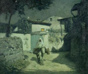 Mondscheinlandschaft Mit Reiter In Einer Gasse. by Maurice Grun