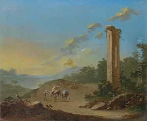 Sudliche Landschaft Mit Einer Ruine, Als Staffage Eine Maultierreiterin Und Ein Mann. by Norbert Joseph Carl Grund