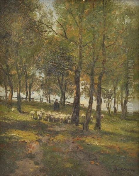 Shepherd And Sheep In A Lane - view 1