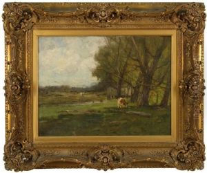 Pastoral Landscape With Cow Grazing Near Trees