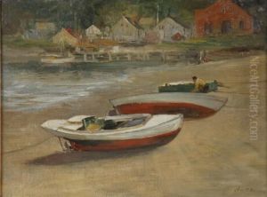 Beached Boats With Fishing Shacks In The Distance by Charles Paul Gruppe