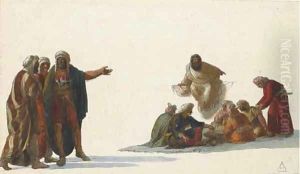 A group of bedouins eating at a low table, a bearded man seated on a ledge and three others to the right by Louis Francois Cassas
