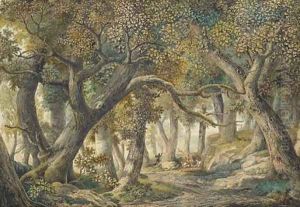 A wooded landscape with a stag hunt by Louis Francois Cassas