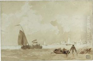 A Rowing Boat With Figures And A
 Sailing Vessel Near A Village(recto); A Study Of A Sailing Vessel 
(verso) by Willem Jun Gruyter