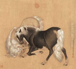 Two Horses In The Style Of Giuseppe Castiglione by Ding Guanpeng