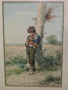 Italian Peasant Boy Before A Country Landscape, And Another Similar Of A Peasant Girl by Guerrino Guardabassi