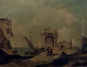 A 'vedute' Of A Coastal Town With Figures Conversing Near A Ruined Arch, Shipping Beyond by Giovanni Antonio Guardi
