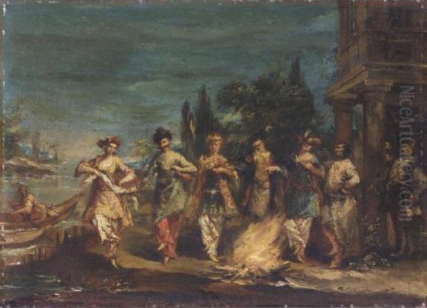 Three Couples In Exotic Dress Dancing In Front Of A Fire - view 1