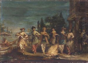 Three Couples In Exotic Dress Dancing In Front Of A Fire