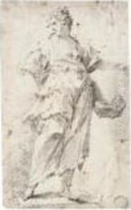 Study Of A Draped Standing Woman, Her Head Turned In Profile To The Left