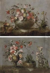 Tulips, Roses, Morning Glory And
 Other Flowers In A Stone Vase Withnarcissi Growing Beside