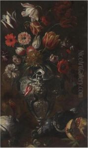 A Still Life With Tulips, Carnations And Other Flowers In A Wickerbasket by Francesco Guardi