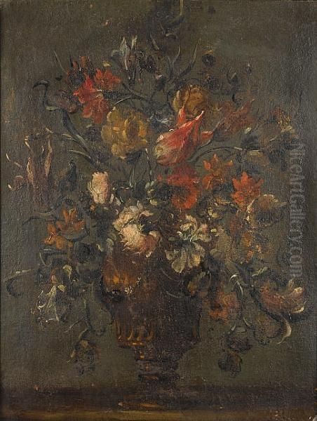 Tulips, Chrysanthemums, Roses
And Convolvulus In A Bronze Urn; And Roses, Tulips And Convolvulus In A
Bronze Urn - view 1