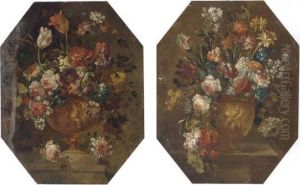 Mixed Flowers In A Vase On A Ledge; And Mixed Flowers In A Vase Ona Ledge by Francesco Guardi