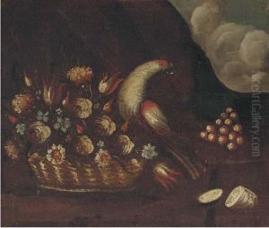 A Basket Of Flowers And A Parrot In A Landscape; And A Basket Offlowers In A Landscape by Francesco Guardi