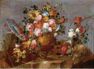 Still Life Of Flowers In A Vase Resting On A Stone Ledge With A Plate Of Cherries by Francesco Guardi