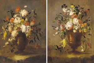 Roses, Tulips, Narcissi And
Other Flowers In An Urn On A Ledge; And Roses, Daffodils, Tulips,
Carnations And Other Flowers In An Urn On A Ledge by Francesco Guardi