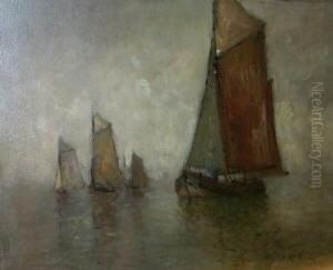 Mehrere Fischkutter Auf Ruhiger See. Unten Rechts Signiert R. Guba by Rudolf Guba