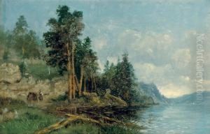 A Figure On The Banks Of A Norwegian Fjord by Hans Fredrik Gude
