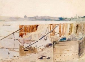 Strandparti Med Fiskegarn by Hans Fredrik Gude