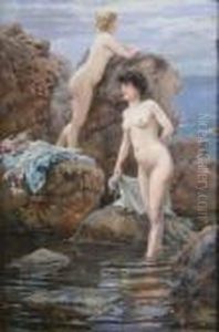 French Oil On Canvas Bathing Beauties On A Rocky Shore Signed 21.5 X 14.5in by Ferdinand Joseph Gueldry