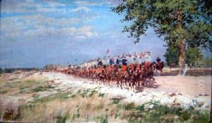 French Oil On Canvas French Cavalry Troop Signed 12 X 20in by Ferdinand Joseph Gueldry