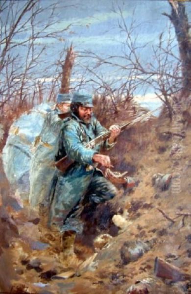 French Oil On Canvas French Soldiers In The Trenches Signed 19 X 13in - view 1