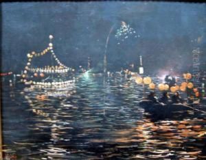 French Oil On Canvas Chinese 
Harbour At Night With Lanterns And Fireworks Signed 12.5 X 15.5in