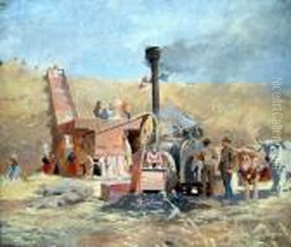 Labourers Working A Threshing Machine - view 1