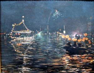Chinese Harbour At Night With Lanterns And Fireworks by Ferdinand Joseph Gueldry