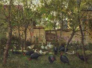 Turkeys And Geese In A Garden by Armand Guery