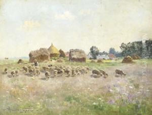 A Shepherd With His Flock In A Pasture - view 1