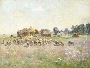A Shepherd With His Flock In A Pasture by Armand Guery