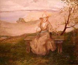 Girl with a bouquet above Swanage Bay by Charles Edward Conder