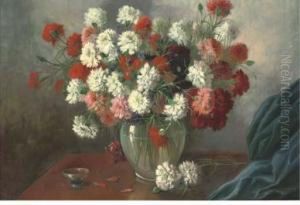 Carnations In A Glass Vase, A Drape To The Side by Giuseppe Guidi