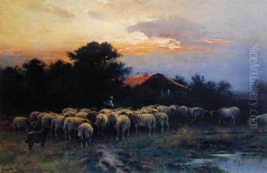 O Zmierzchu - Pasterz Z Owcami, Ok.1900 by Alexandre-Gaston Guignard