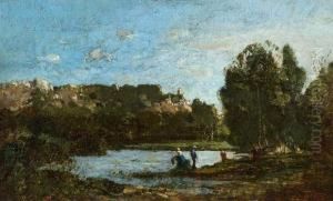 Paysage A La Riviere Avec Un Village Perche. Paysage A La Riviere Avec Un Village Perche.