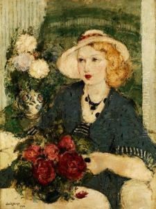 Dame Mit Sommerhut An Einem Tisch Mit Blumenvasen by Narcisse Guilbert