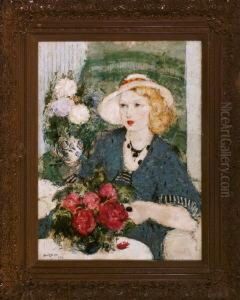 Halbportrait Einer Blonden Dame Im Blauen Kleid Mit Blumen Im Interieur by Narcisse Guilbert